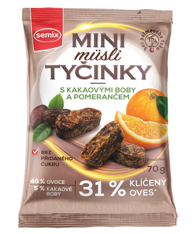 Semix Mini müsli tyčinky s kakaov boby a pomerančem bez lepku