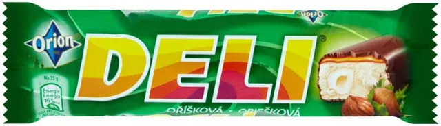 ORION Deli Oříšková tyčinka s lískovými ořechy a karamelem máčená v hořké čokoládě